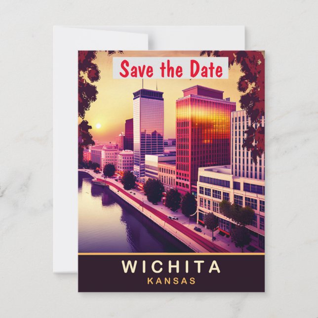 Wichita Kansas Silhuett Solnedgång Bröllopsinbjuda Spara Datumet (Framsida)