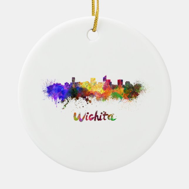 Wichita-skyline i vattenfärg julgransprydnad keramik (Framsidan)