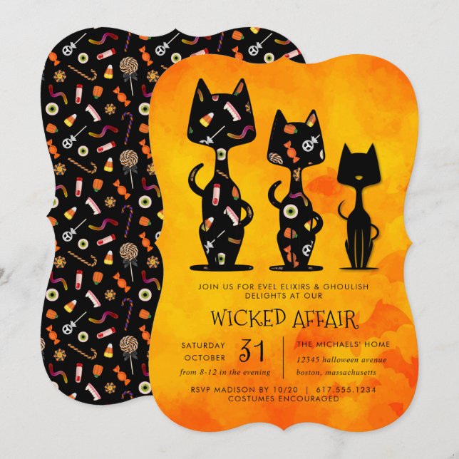 Wicked Affair Halloween Cat ThLED Party Inbjudningar (Fram/baksida)