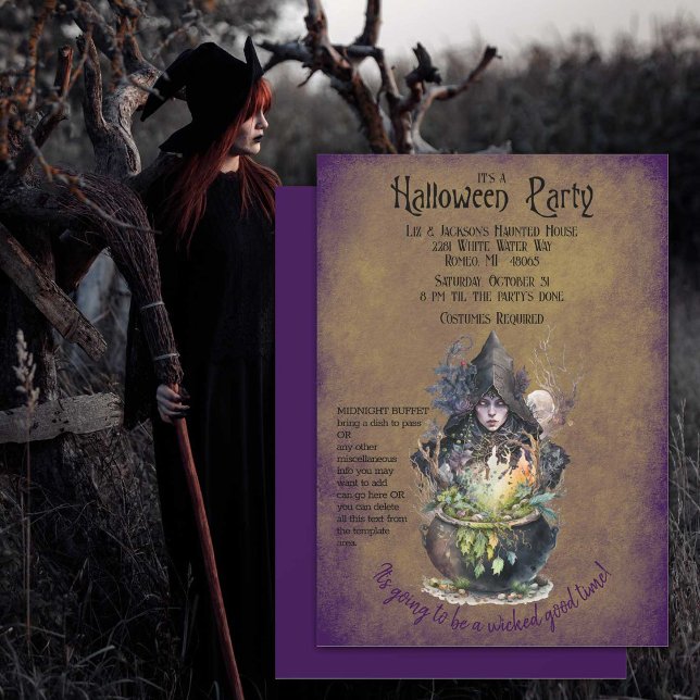 Wicked Bra Witch Halloween fest Inbjudningar (Wicked witch brewing up some Halloween magic on this party invitation.)