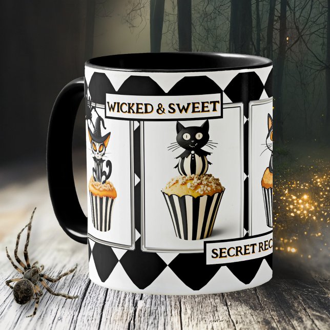 Wicked Cats Cupcake Halloween Treats Kaffemugg (Halloween mug featuring cupcake cat treats with spiders on black and white)