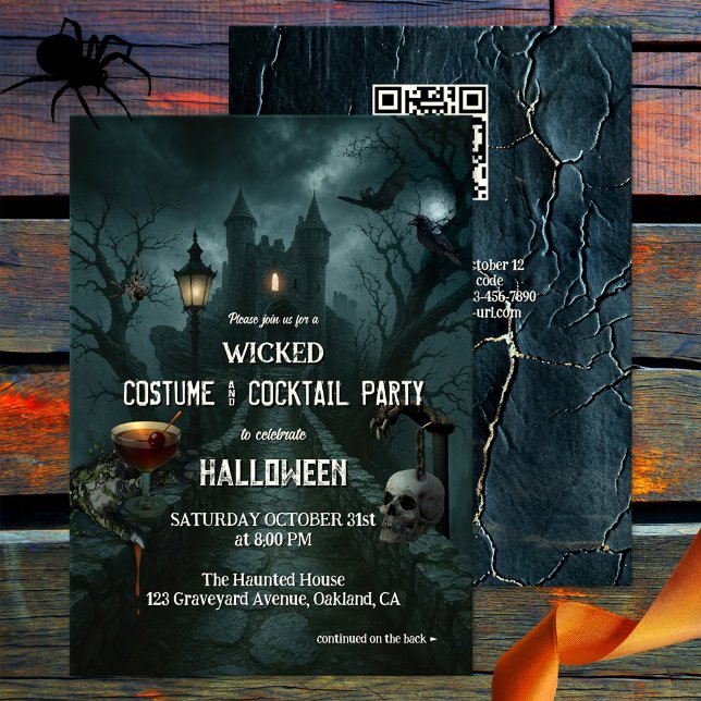 Wicked Costume och Cocktail Halloween fest Inbjudningar (Costume and cocktail Halloween party invitation featuring an old castle on a dark night)