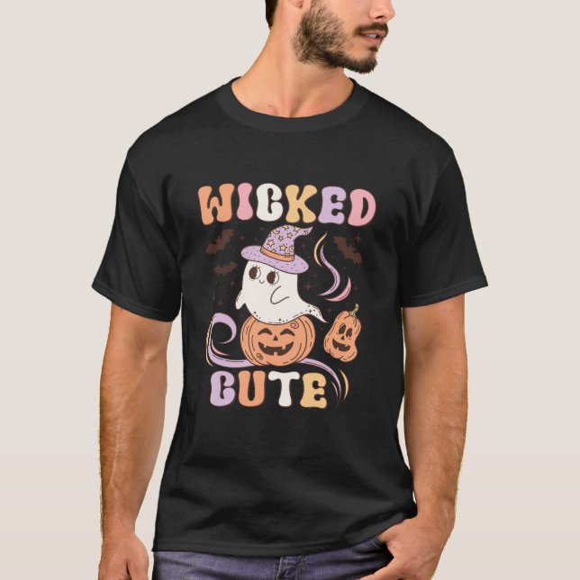 Wicked Cute Ghost Fladdermus Spooky Pumpkin Groovy T Shirt (Framsida)