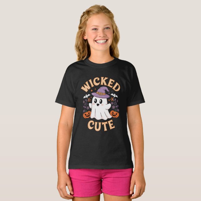 Wicked Cute Halloween Ghost i Witch Hat T Shirt (Hel framsida)