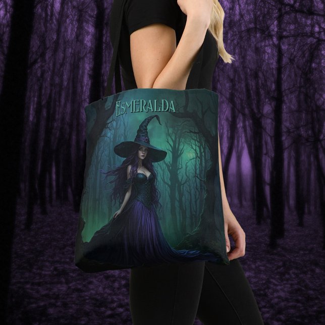 Wicked Halloween Witch i Lila och Black Namn Tygkasse (Skapare uppladdad)