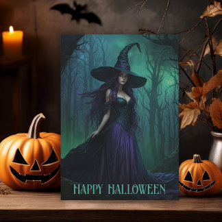 Wicked Halloween Witch in Lila and Black Folded Kort