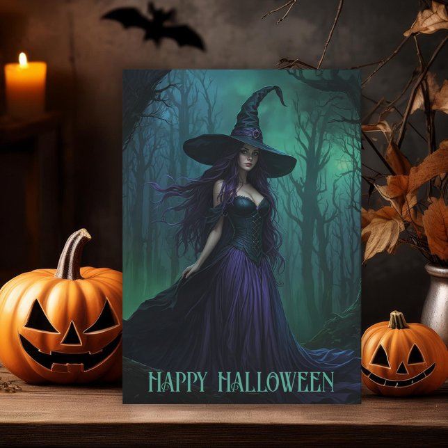 Wicked Halloween Witch in Lila and Black Folded Kort (Skapare uppladdad)