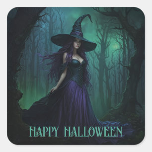 Wicked Halloween Witch in Lila and Black Fyrkantigt Klistermärke