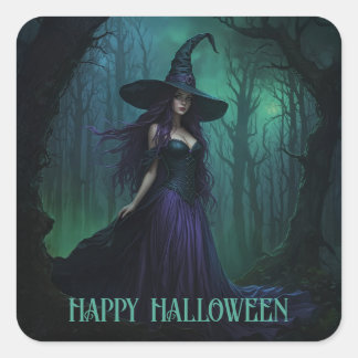 Wicked Halloween Witch in Lila and Black Fyrkantigt Klistermärke