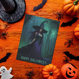 Wicked Halloween Witch in Lila and Black Vykort
