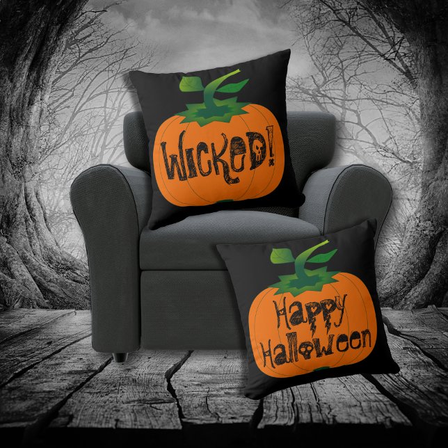 Wicked Happy halloween Black Orange Pumpkin Kudde (Skapare uppladdad)