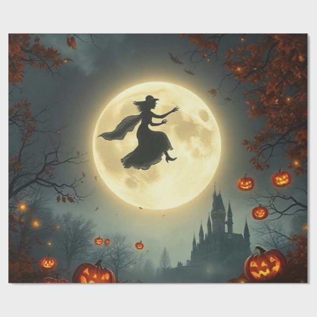Wicked Mystical Witch Flying Over Full Moon 🌕 Presentpapper (Platt)