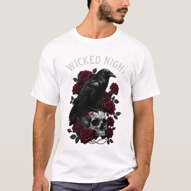 Wicked Night Raven & Skull Gothic Halloween T-Shir T Shirt (Framsida)