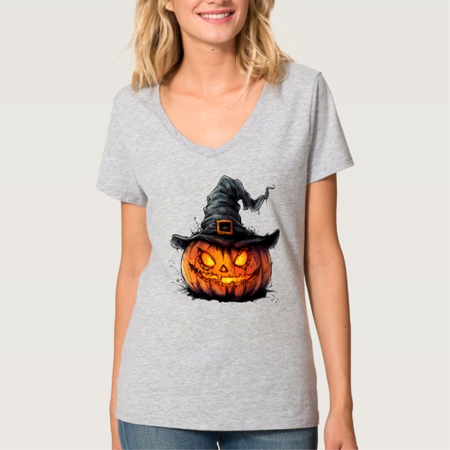 Wicked Pumpkin Witch Hat Halloween T-Shirt (Framsida)