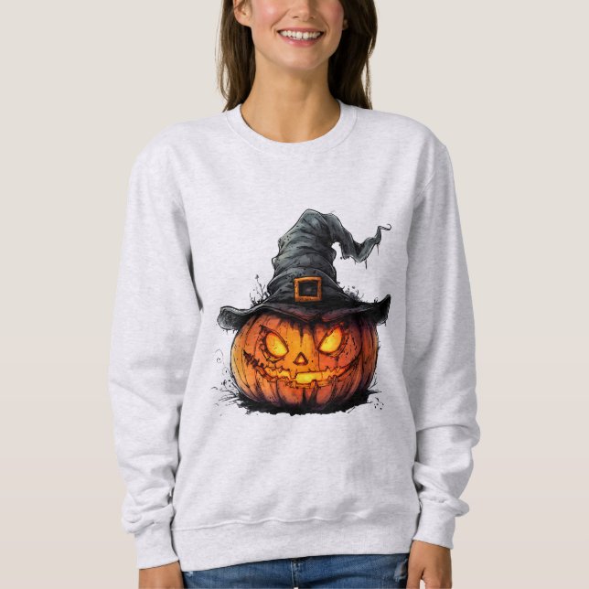 Wicked Pumpkin Witch Hat Halloween T-Shirt (Framsida)