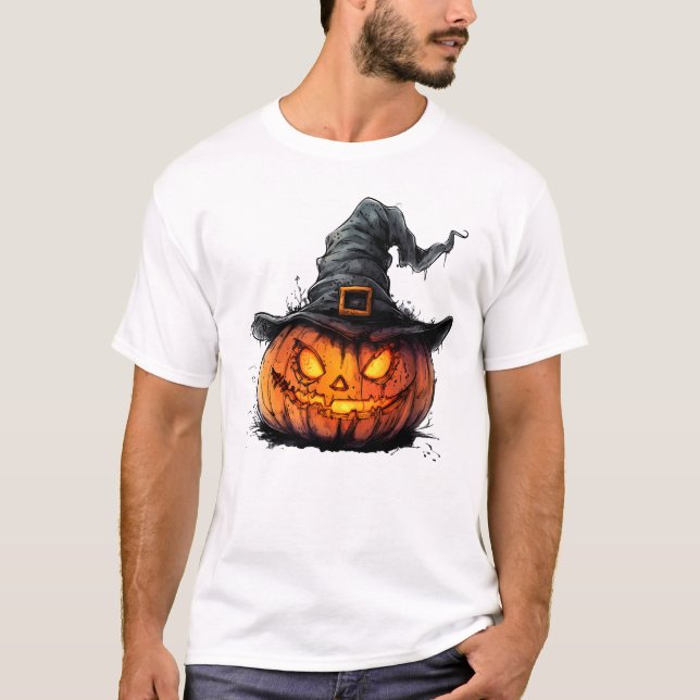 Wicked Pumpkin Witch Hat Halloween T-Shirt (Framsida)