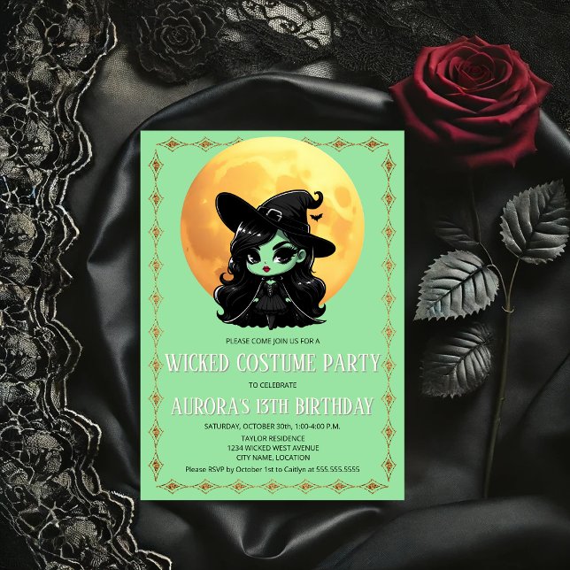 Wicked Witch Costume Party Inbjudningar (Cute wicked little green witch and moon party invitation front view.)