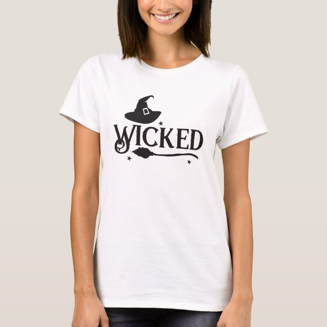 Wicked Witch, Hat and Broom, Halloween T-Shirt (Framsida)