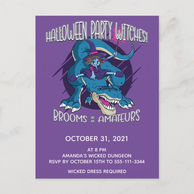 Wicked Witch på T-Rex Illustration Halloween fest Inbjudan Vykort (Framsida)