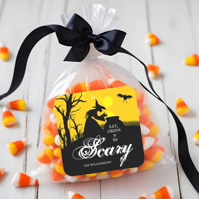 Wicked Witch Silhouette Halloween Fyrkantigt Klistermärke (Wicked witch silhouette Halloween 3" square stickers)