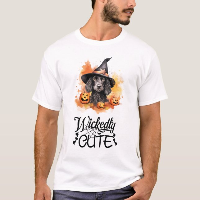 Wickent Cute Black Hound Puppy Witch T Shirt (Framsida)