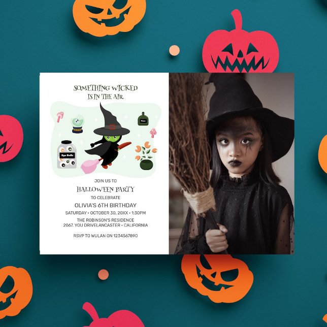 Wickent Cute Grönt Witch Halloween Birthday Photo Inbjudningar (Skapare uppladdad)