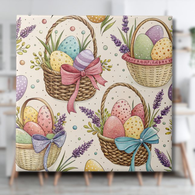 Wicker Basket Easter Eggs with Lavender Kakelplatta (Skapare uppladdad)
