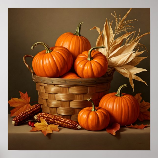 Wicker Basket och Pumpkin-Rustic Farmhouse Poster (Framsidan)