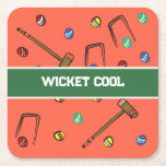 Wicket Cool Funny Hand-Illustrated Orange Croquet  Underlägg Papper Kvadrat<br><div class="desc">This cute hand-illustrated orange Wicket Cool croquet paper coaster features a bold red-orange background with crisp forest green accents, centered around the witty pun 'Wicket Cool' in eye-catching lettering—perfect for adding a touch of whimsy to your next lawn game party. I drew all these mallets, wickets, and balls myself. They...</div>