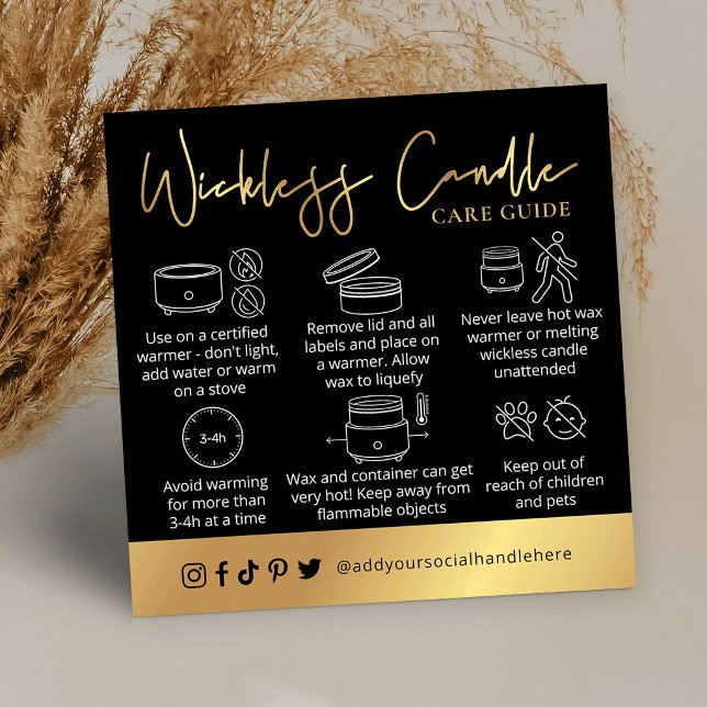 Wickless Candle Black & Gold Script Logo Care Card Fyrkantigt Visitkort (Skapare uppladdad)