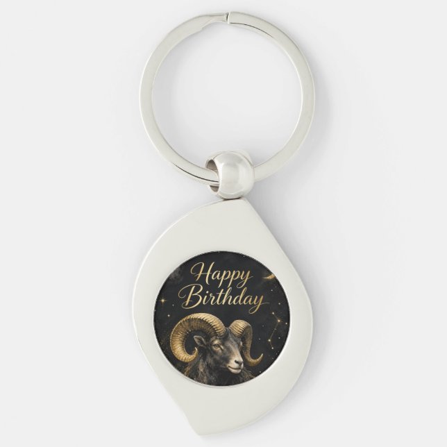 Widder Happy Birthday Sternzeichen Design Swirl Silverfärgad Nyckelring (Framsidan)