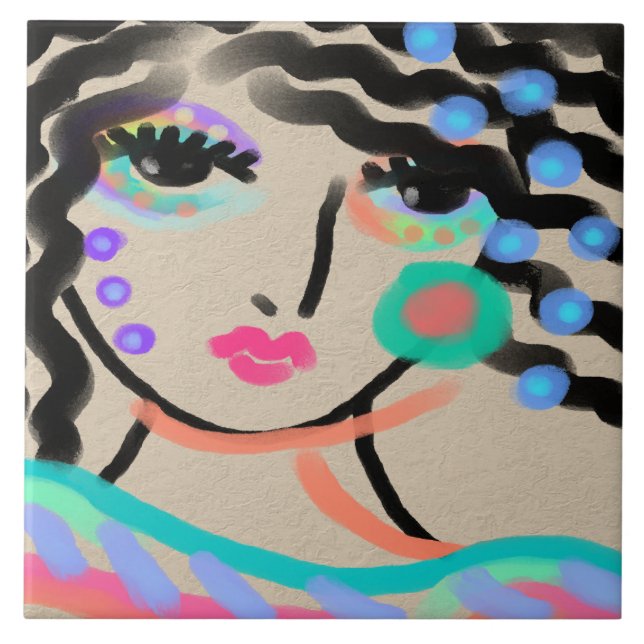 Wide Eyed Abstrakt Digital Porträtt från en kvinna Kakelplatta (Framsidan)