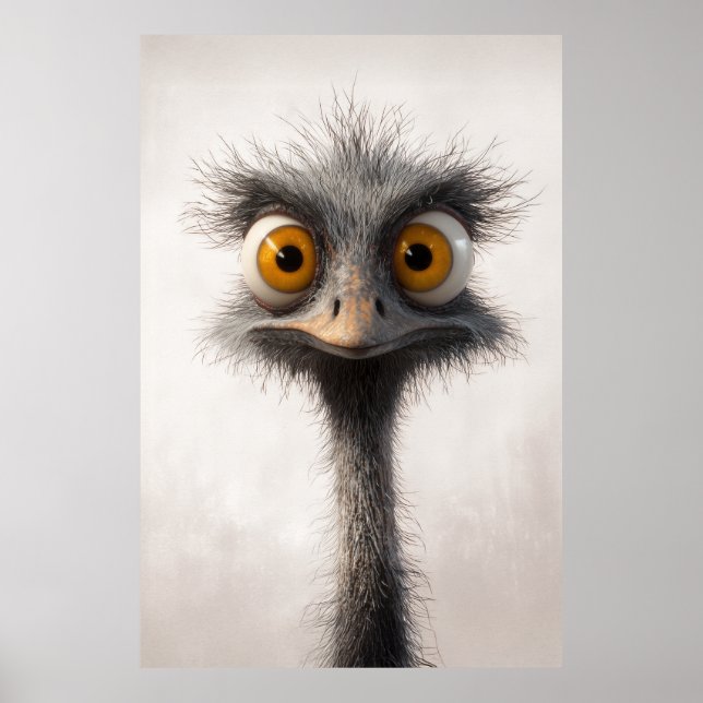 Wide Eyed Ostrich Tecknad Porträtt Poster (Framsidan)