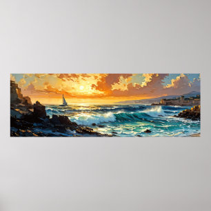 Wide Sjölandskap Mediterranean Golden Sunset Poster