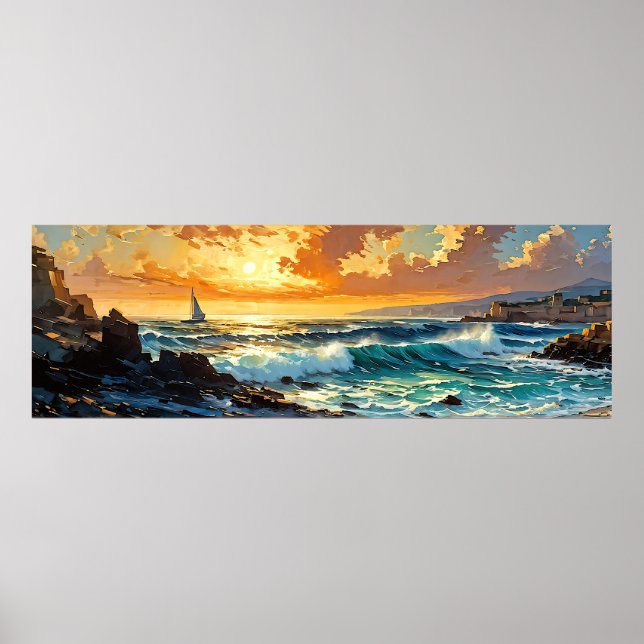 Wide Sjölandskap Mediterranean Golden Sunset Poster (Framsidan)