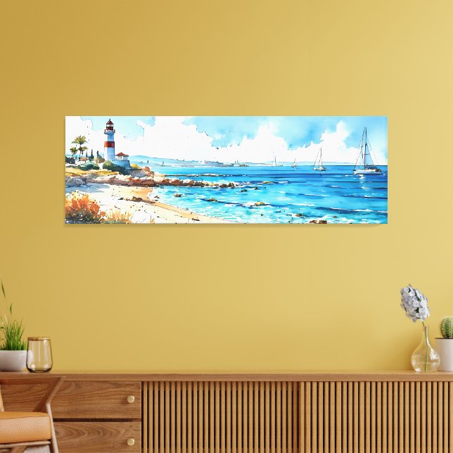 Wide Sjölandskap Mediterranean Lighthouse och Yach Canvastryck (Insitu (Vardagsrum))