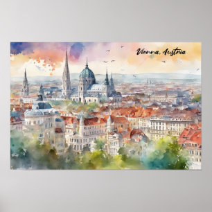 Wien Austria Watercolor Painting Panorama View Poster