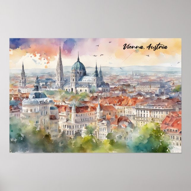 Wien Austria Watercolor Painting Panorama View Poster (Framsidan)