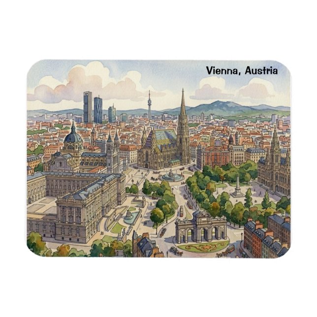 Wien Österrike Akvarell Stadssiluett Illustration Magnet (Horisontell)