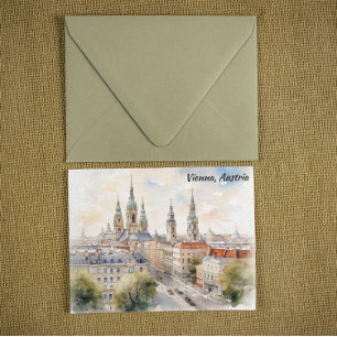Wien Österrike Panorama Utsikt Akvarell Målning Vykort
