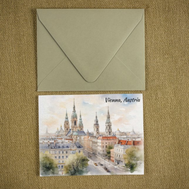 Wien Österrike Panorama Utsikt Akvarell Målning Vykort (Vienna Austria Panorama View Watercolor Painting Postcard)