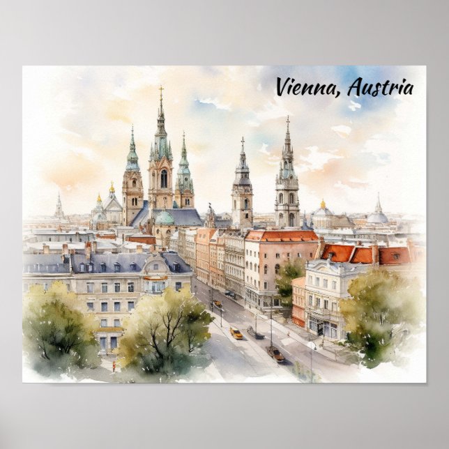 Wien Österrike Panoramautsikt Akvarellmålning Poster (Framsidan)