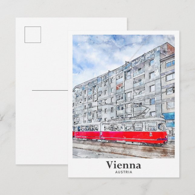 Wien Österrike Resa Akvarell Handritad Vykort (Fram/baksida)
