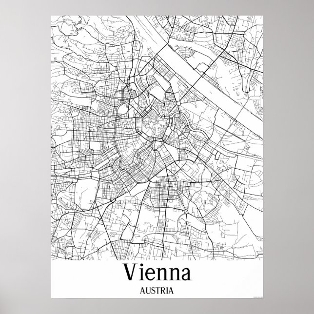 Wien Österrike Svarta och vita Europa City Karta Poster (Framsidan)