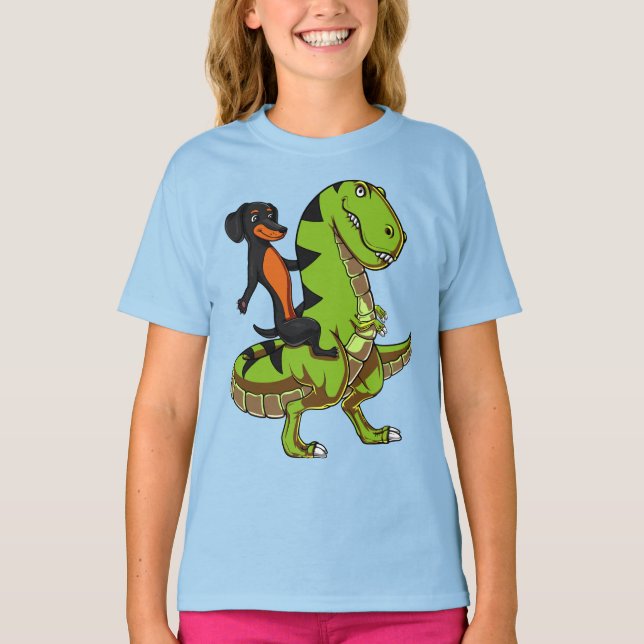Wiener Hund Dachshund Riding T-Rex Dinosaur T Shirt (Framsida)