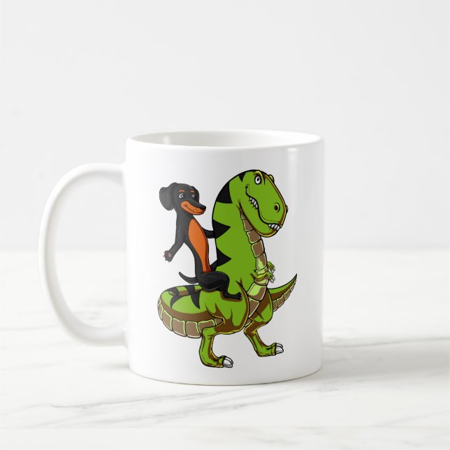 Wienerhundtax som rider den T-Rex dinosauren Kaffemugg (Vänster)