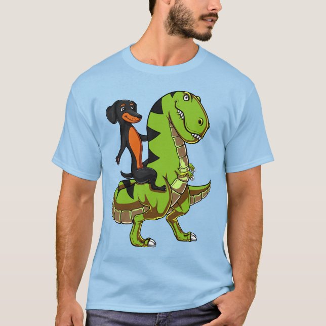 Wienerhundtax som rider den T-Rex dinosauren T Shirt (Framsida)