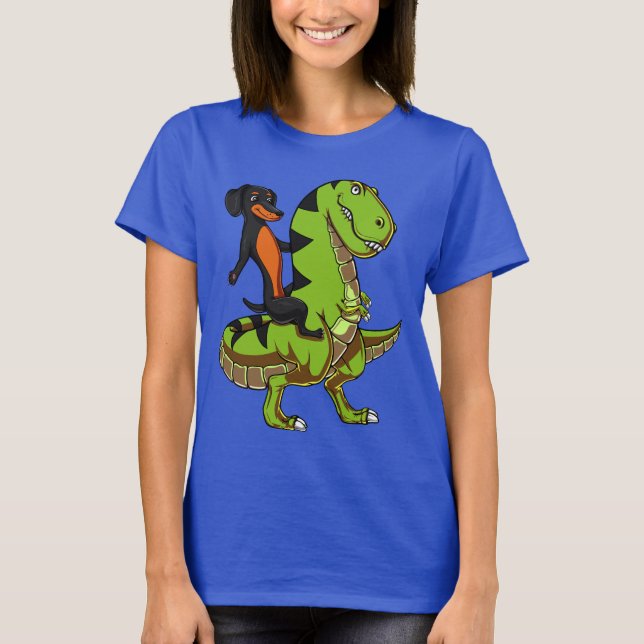 Wienerhundtax som rider den T-Rex dinosauren T Shirt (Framsida)