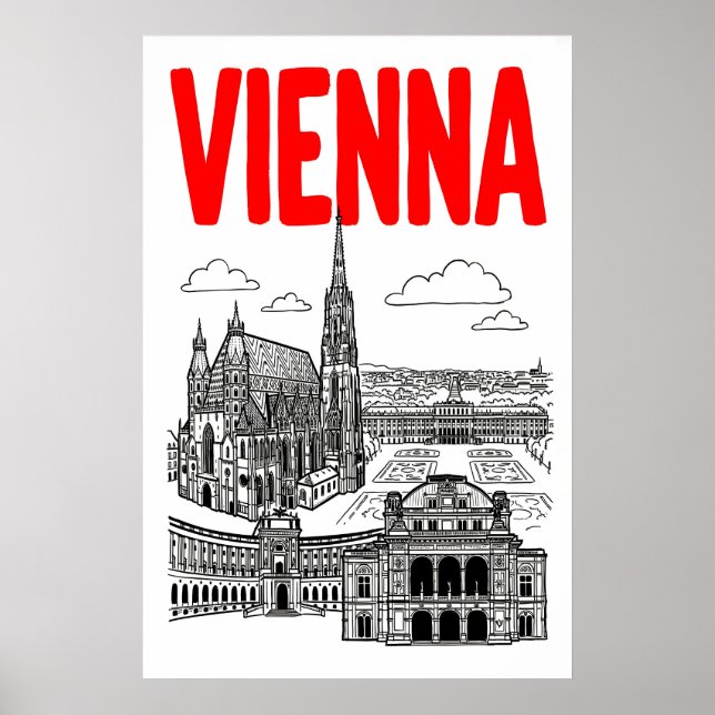 Wiens stadsbildaffisch, röd text, svart linje poster (Framsidan)