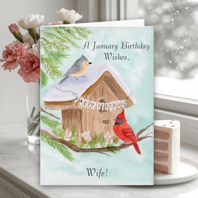 Wife Happy January Birthday Birds Kort (Skapare uppladdad)